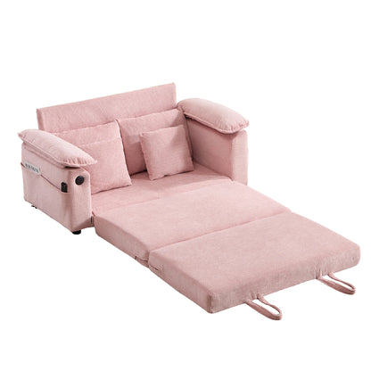 Unfolded pink 3-in-1 pull out sleeper mattress sofa bed for small spaces isolated