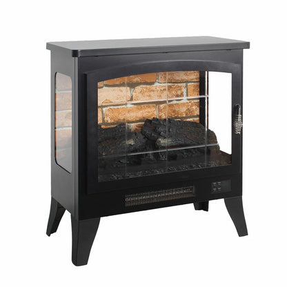Unlit 21-inch freestanding electric fireplace stove with brick interior background