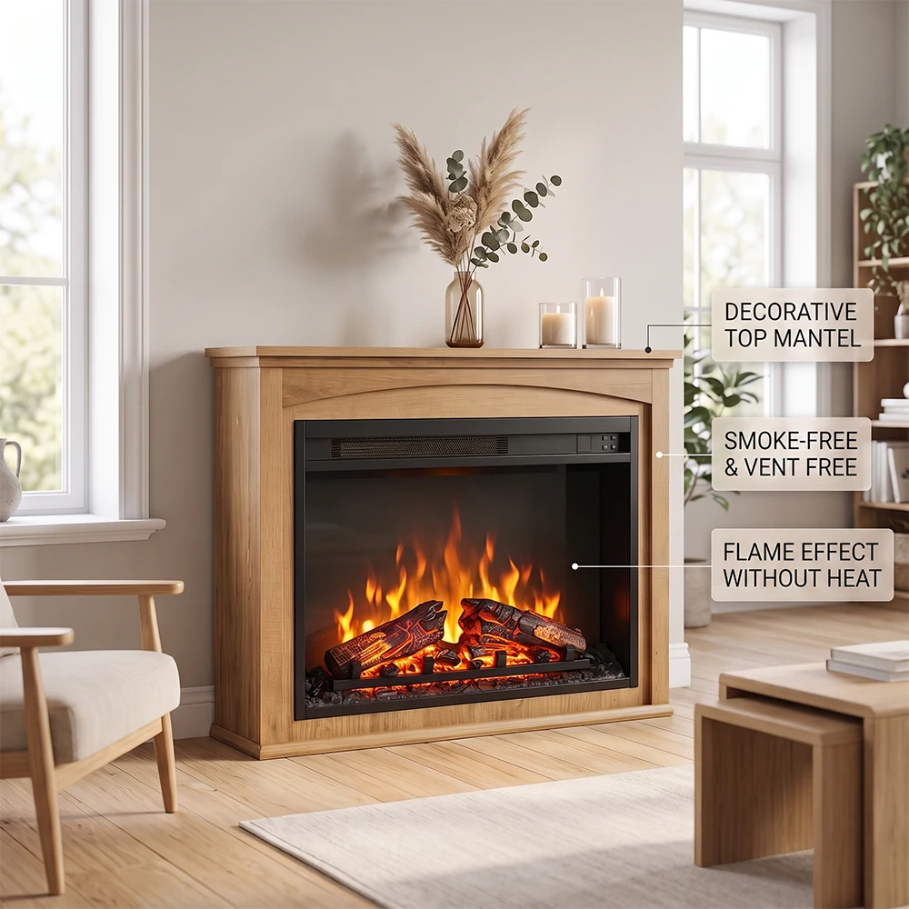 Vent-Free Electric Fireplace Heater with Decorative Top Mantel and Realistic Flame Effect