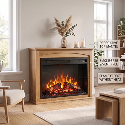 Vent-Free Electric Fireplace Heater with Decorative Top Mantel and Realistic Flame Effect