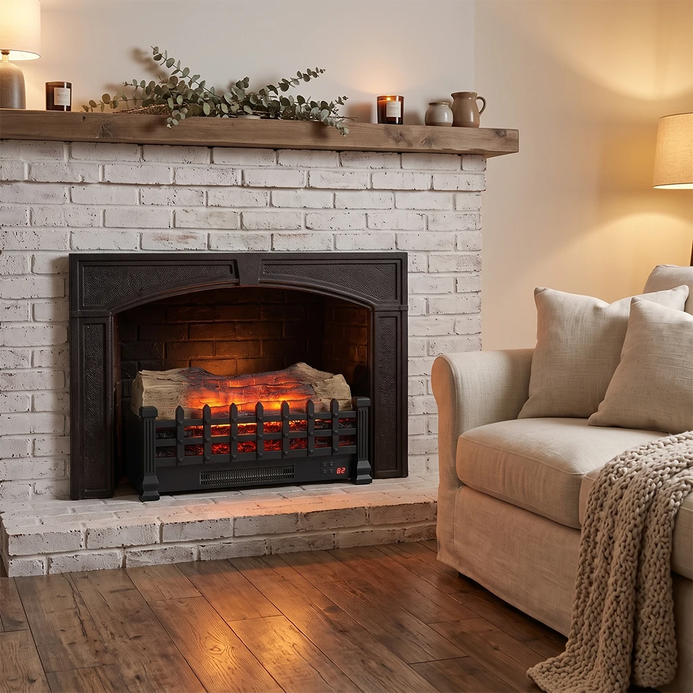 Vent-free electric fireplace log set insert fitted into white brick hearth fireplace opening