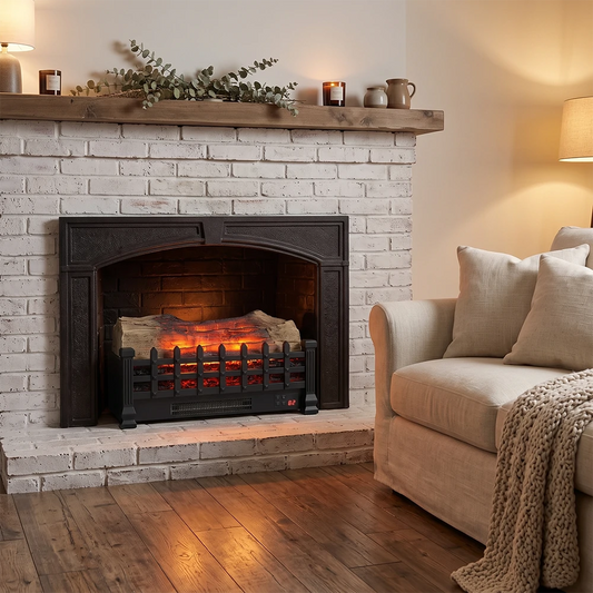 Vent-free electric fireplace log set insert fitted into white brick hearth fireplace opening