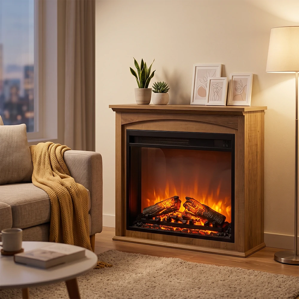Warm Ambient Electric Fireplace TV Stand in Living Room at Night