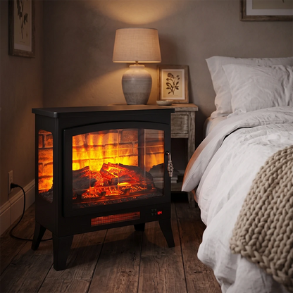 Warm bedside ambiance featuring freestanding electric fireplace stove in bedroom