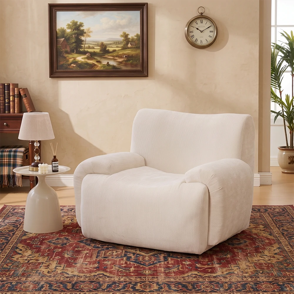 White chenille accent chair in a modern living room