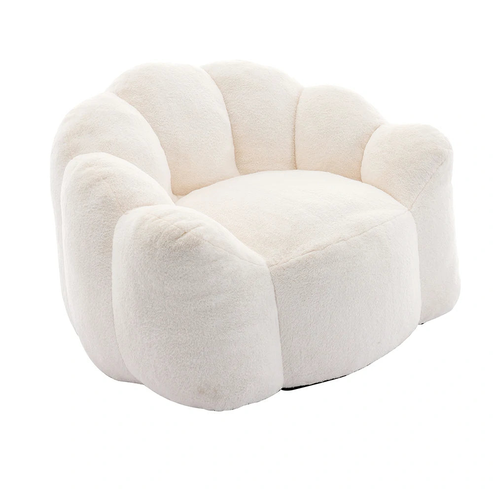 White plush lotus-shaped armchair angled view