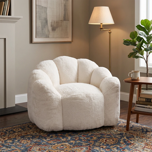 White plush lotus-shaped bean bag sofa in a modern living room