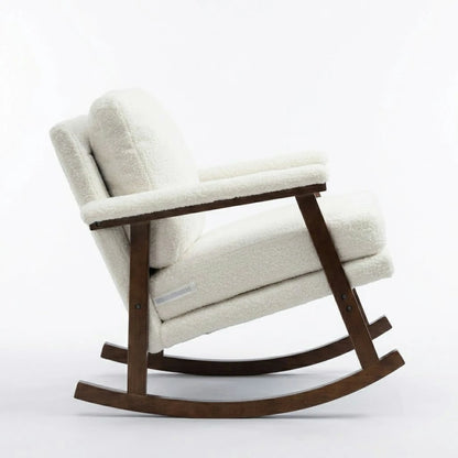 White teddy fabric rocking chair with dark walnut frame