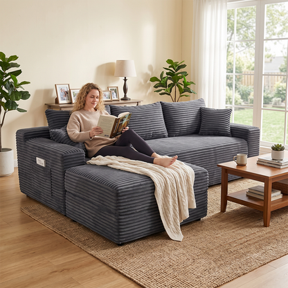 Woman reading a book on grey corduroy sectional sofa