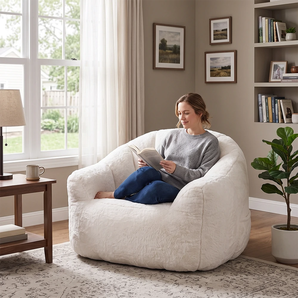 Woman reading in white faux fur bean bag chair