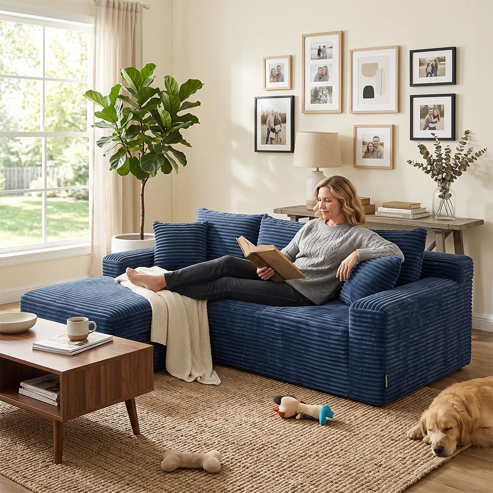 Woman reading on blue corduroy sectional sofa with dog