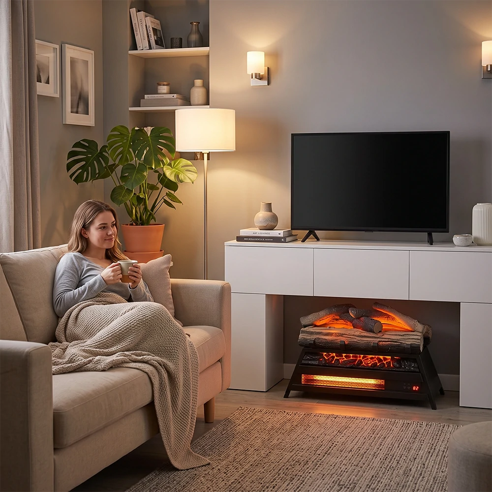 Woman relaxing in living room with a freestanding electric fireplace heater under TV console