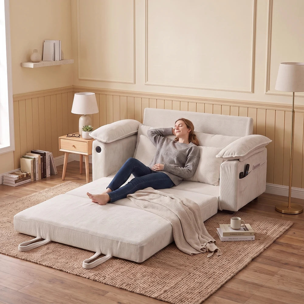 Woman relaxing on unfolded cream white sofa bed with soft plush pillows
