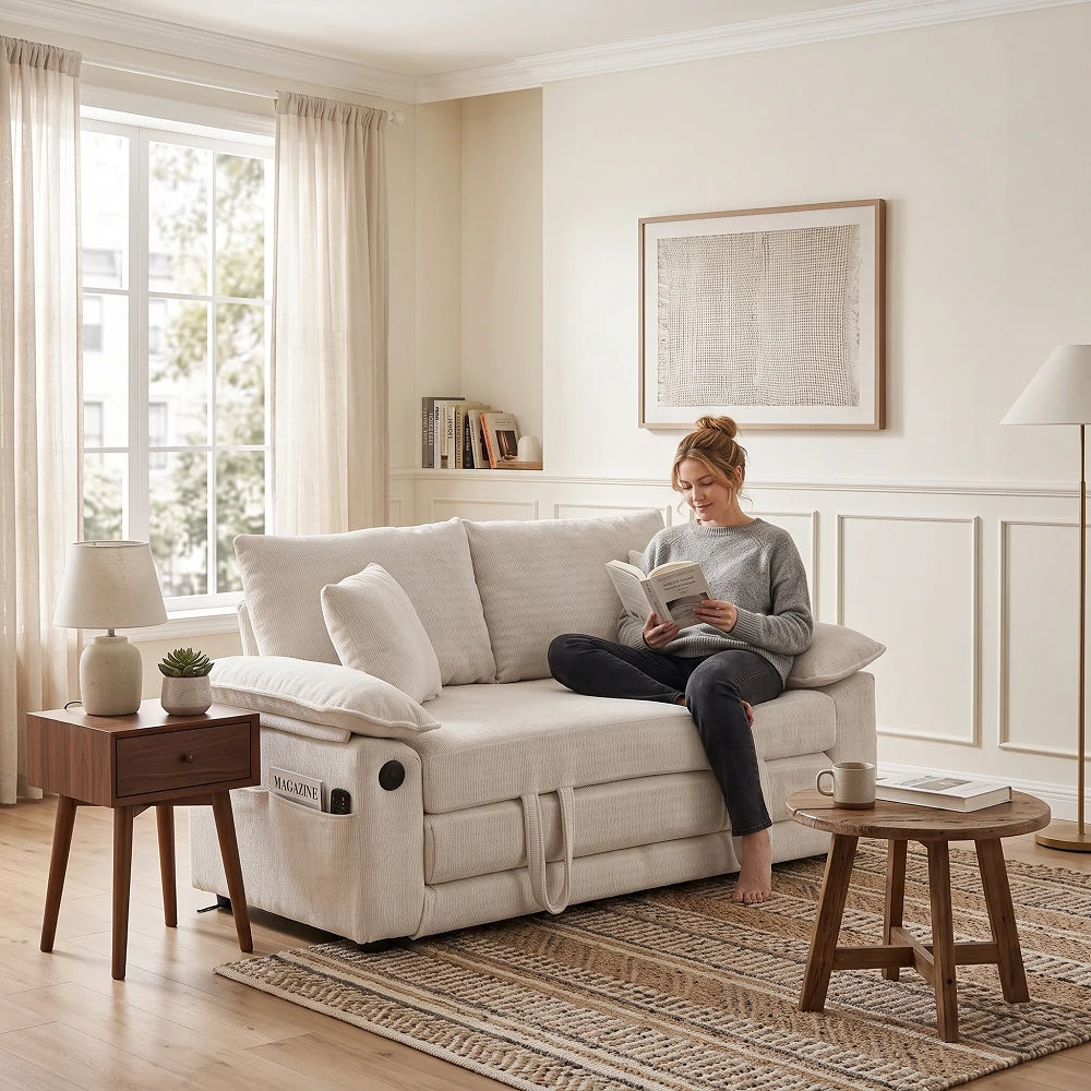 Woman sitting on compact 58-inch tufted chenille sofa bed reading a book in cozy sunlit apartment