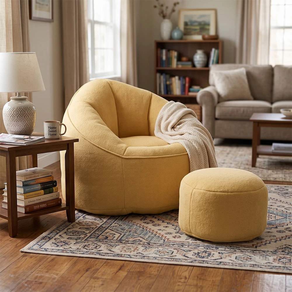 Yellow bean bag chair set in cozy living room