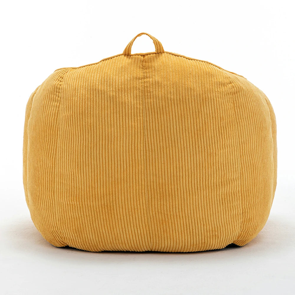 Yellow corduroy bean bag chair back view with handle