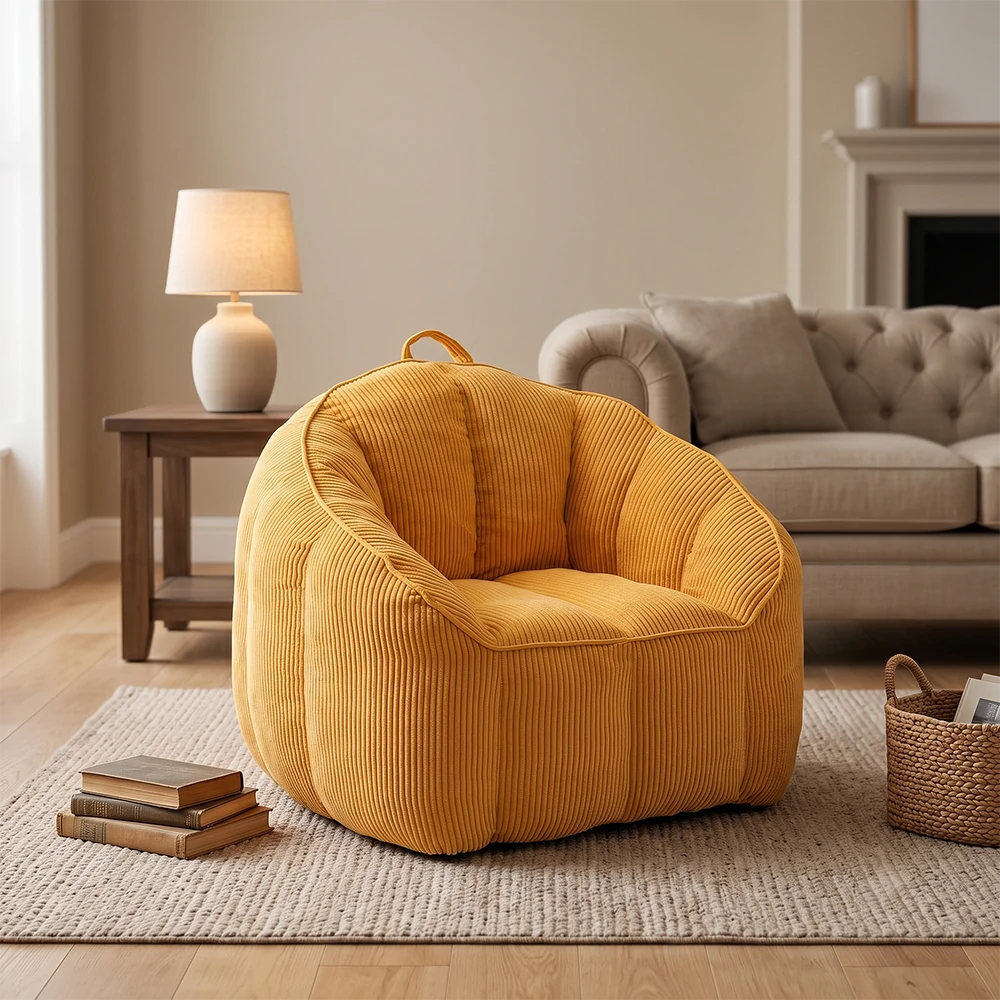 Yellow corduroy bean bag chair in cozy living room