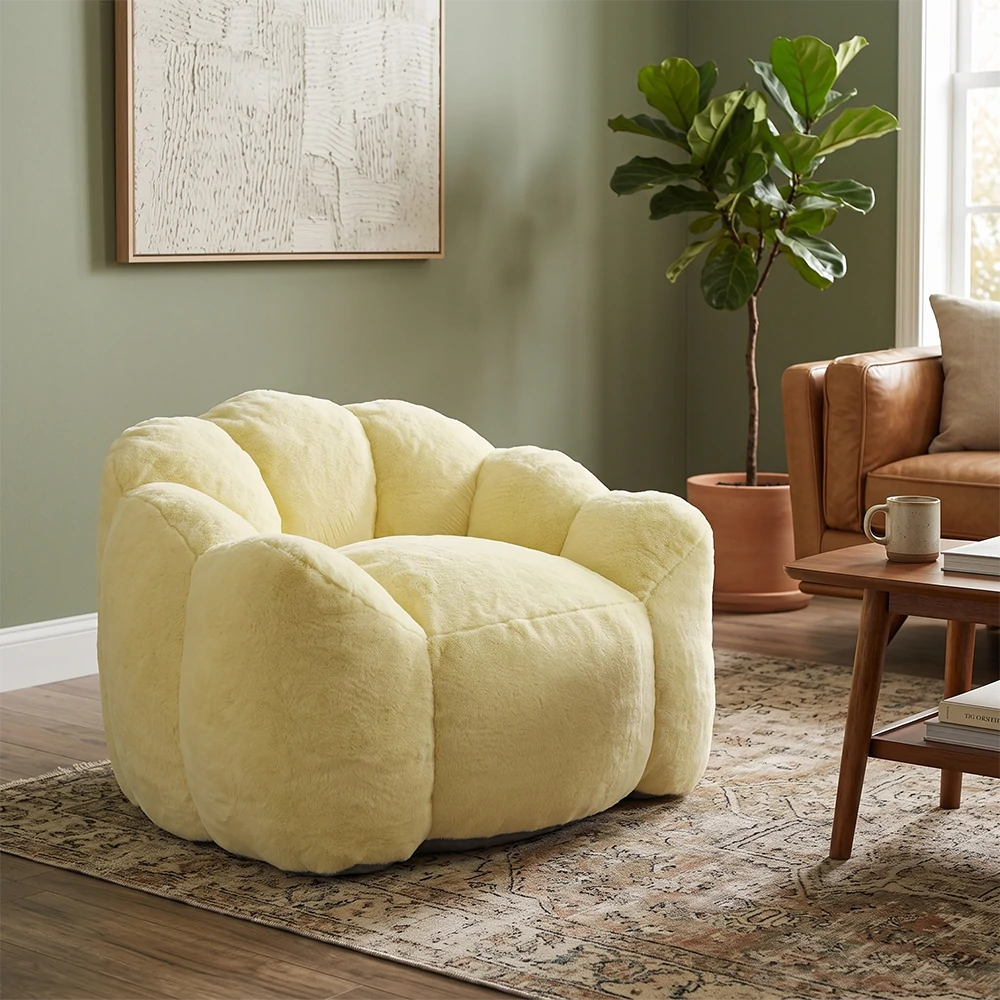 Yellow plush lotus-shaped bean bag sofa in a modern living room