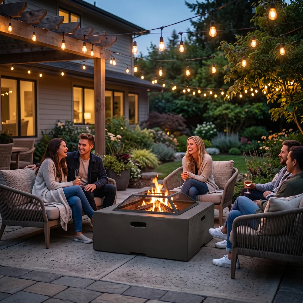 ackyard patio fire pit table for evening party with friends