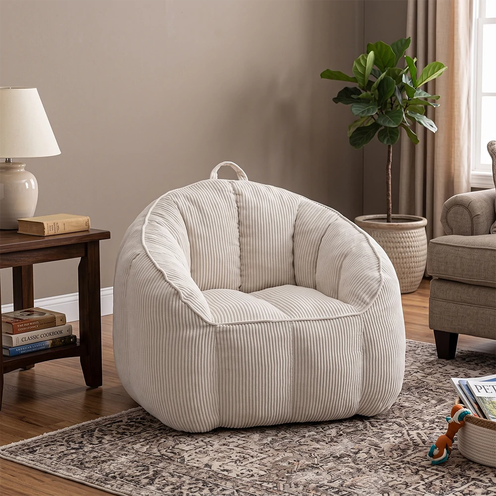 beige corduroy bean bag chair with handle in living room