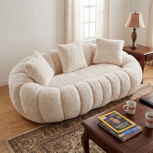 beige faux fur sofa in warm cozy living room1