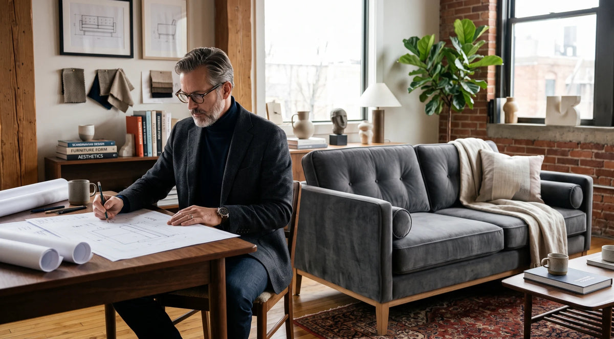 A mature male furniture designer examining blueprints beside a stylish dark grey velvet loveseat in a bright artist loft.