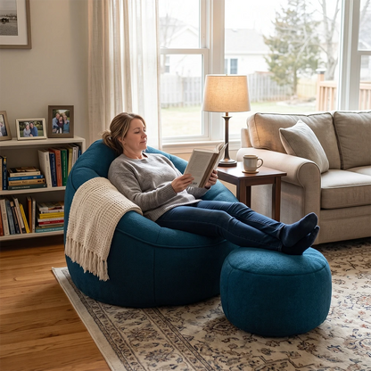 blue bean bag chair set in cozy living room