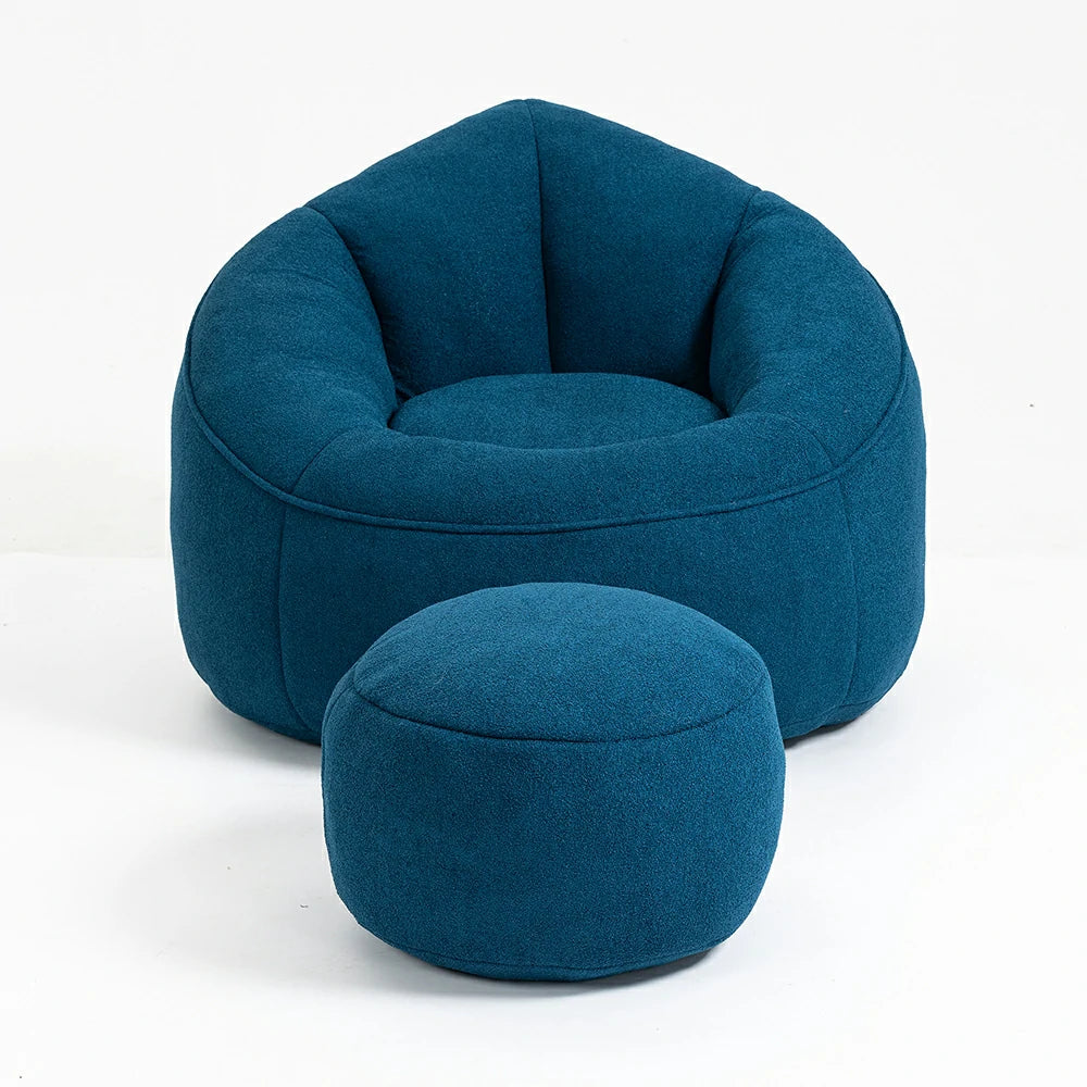 blue bean bag chair with matching ottoman