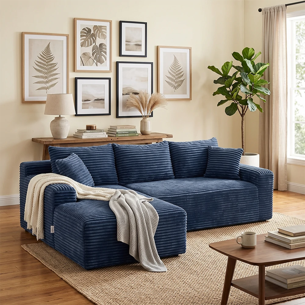 blue corduroy L shaped sectional sofa