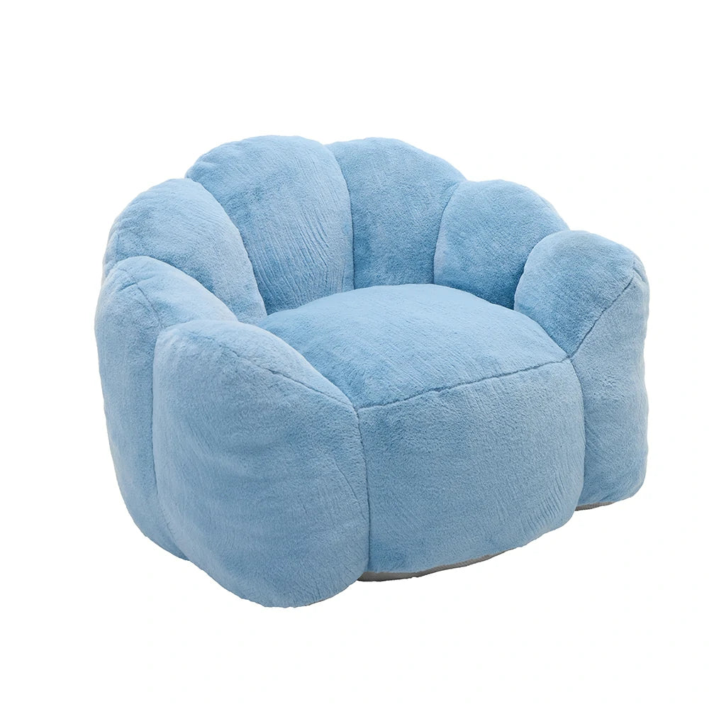 blue plush lotus-shaped armchair angled view