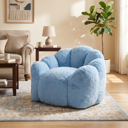 blue plush lotus-shaped bean bag sofa in a modern living room