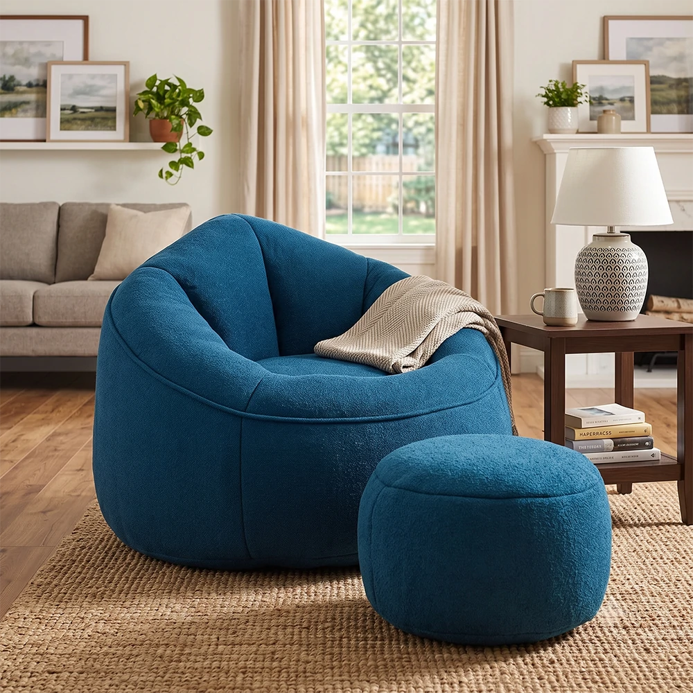blue bean bag chair with ottoman in modern living room