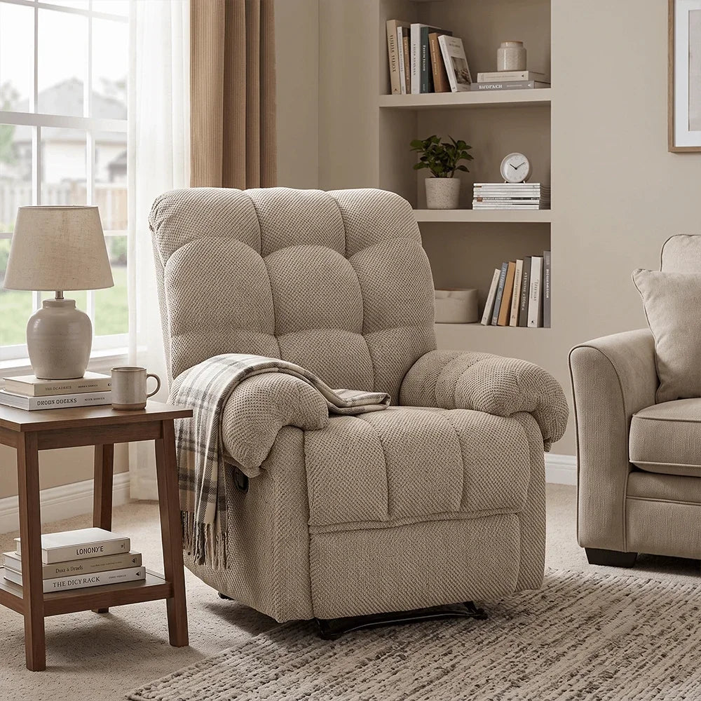 camel tufted plush recliner armchair