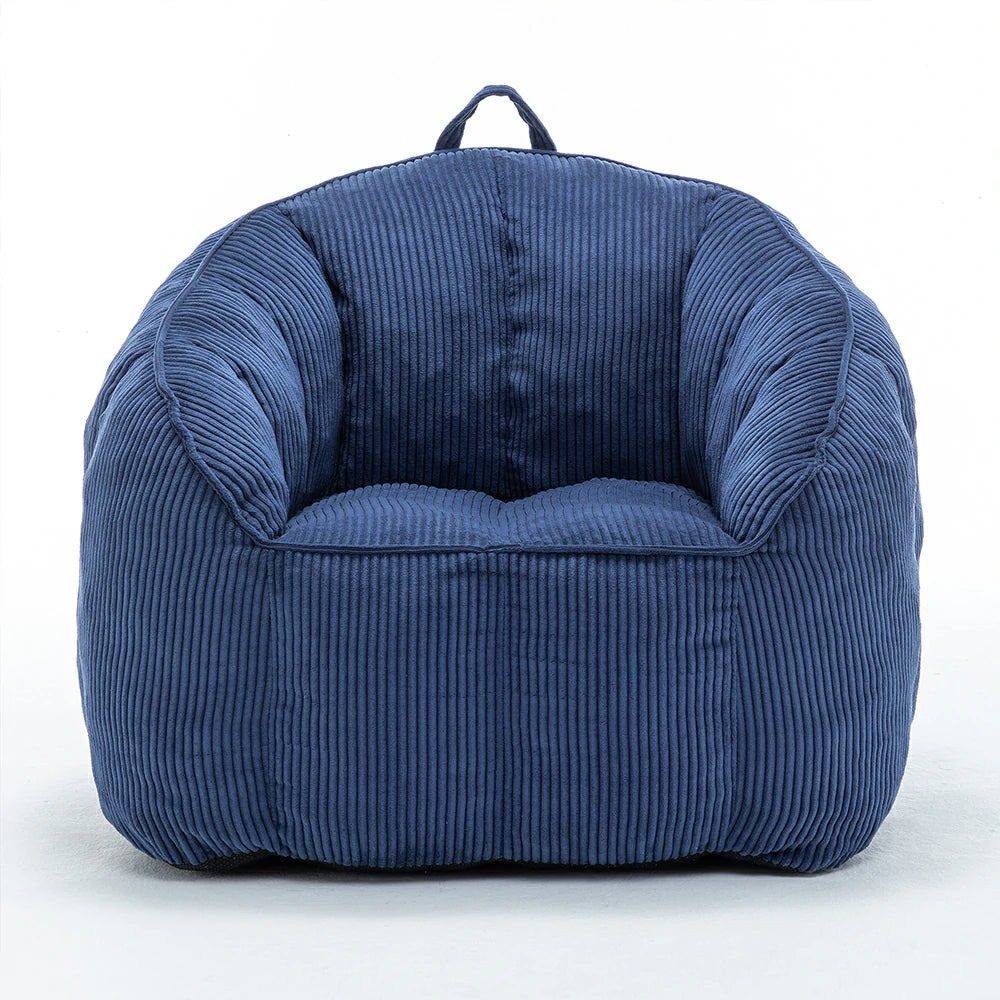 dark blue corduroy bean bag armchair front view