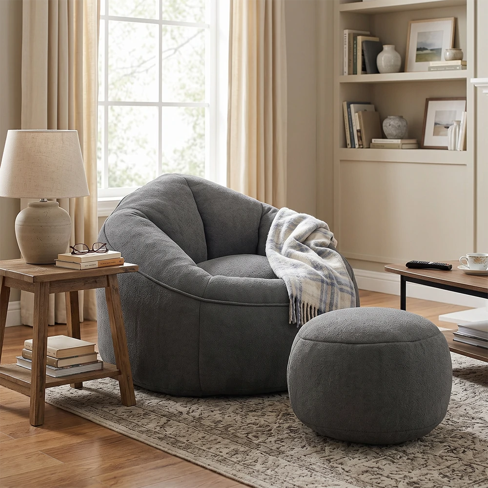 gray bean bag chair set in cozy living room