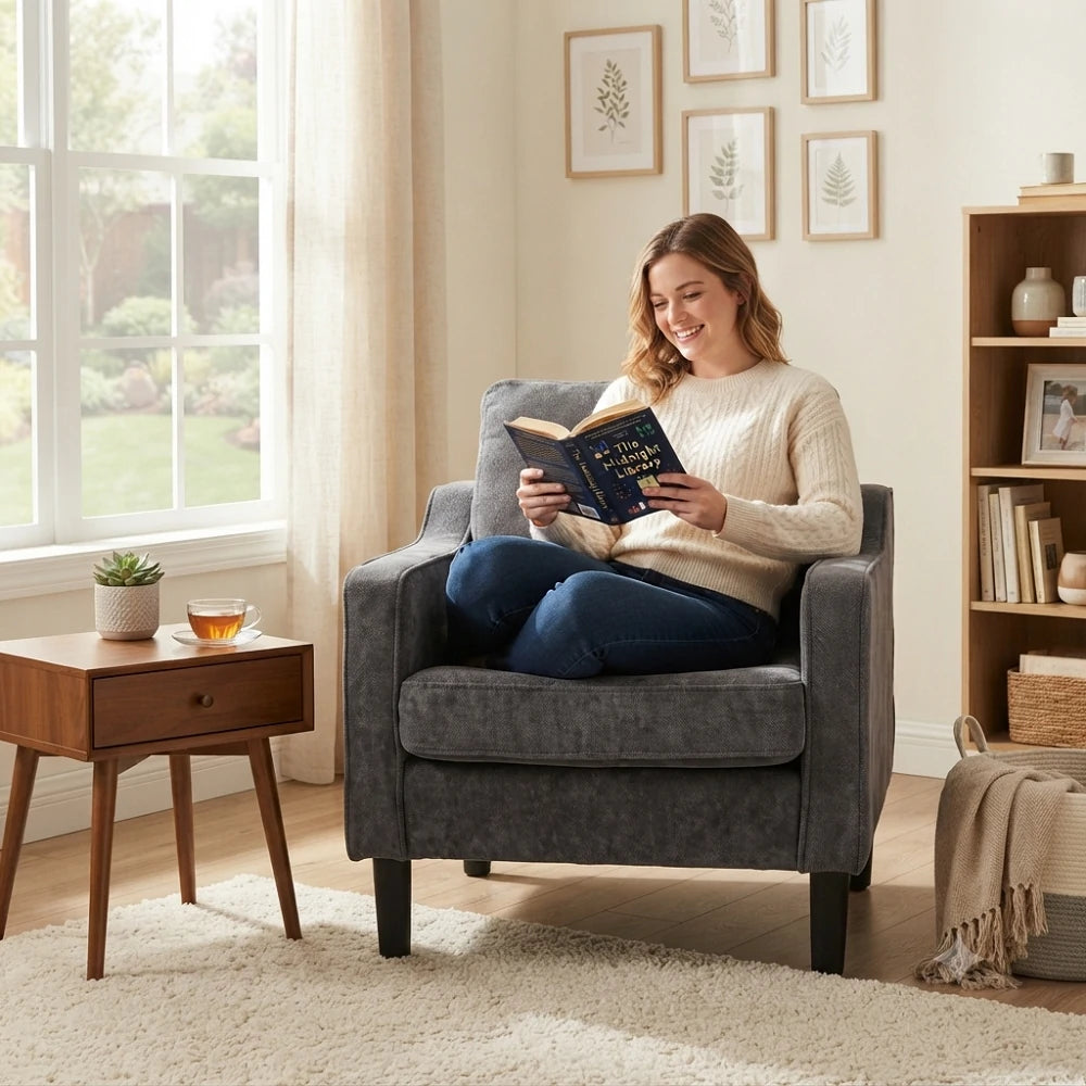 gray mid-century modern chenille accent chair in a cozy living room