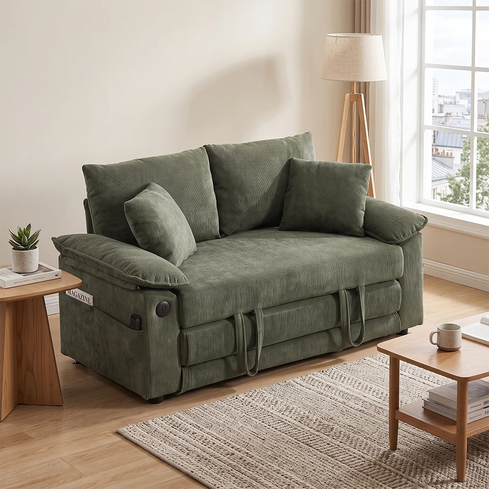 green chenille convertible sofa bed in modern bright living room