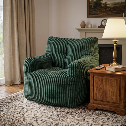 green ribbed corduroy lounge chair