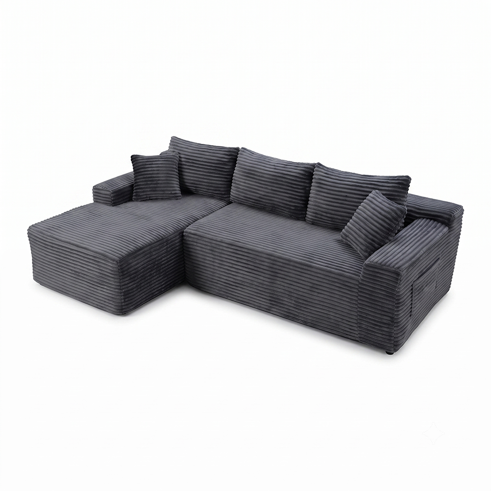 grey corduroy L shaped sectional sofa with chaise