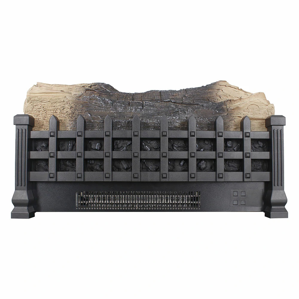 ntique black metal electric fireplace insert with faux wood log details and control panel