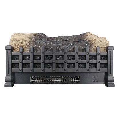 ntique black metal electric fireplace insert with faux wood log details and control panel