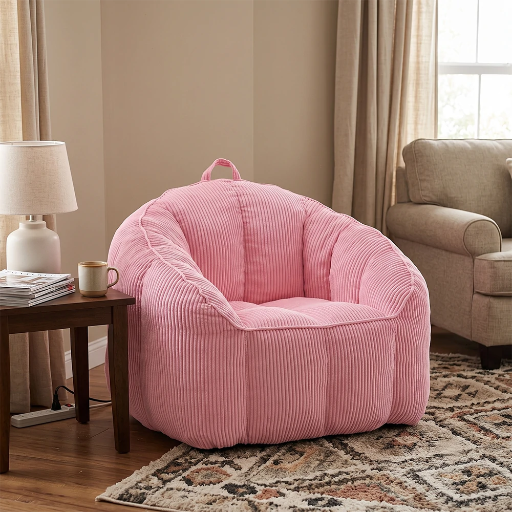 pink corduroy bean bag chair in cozy living room