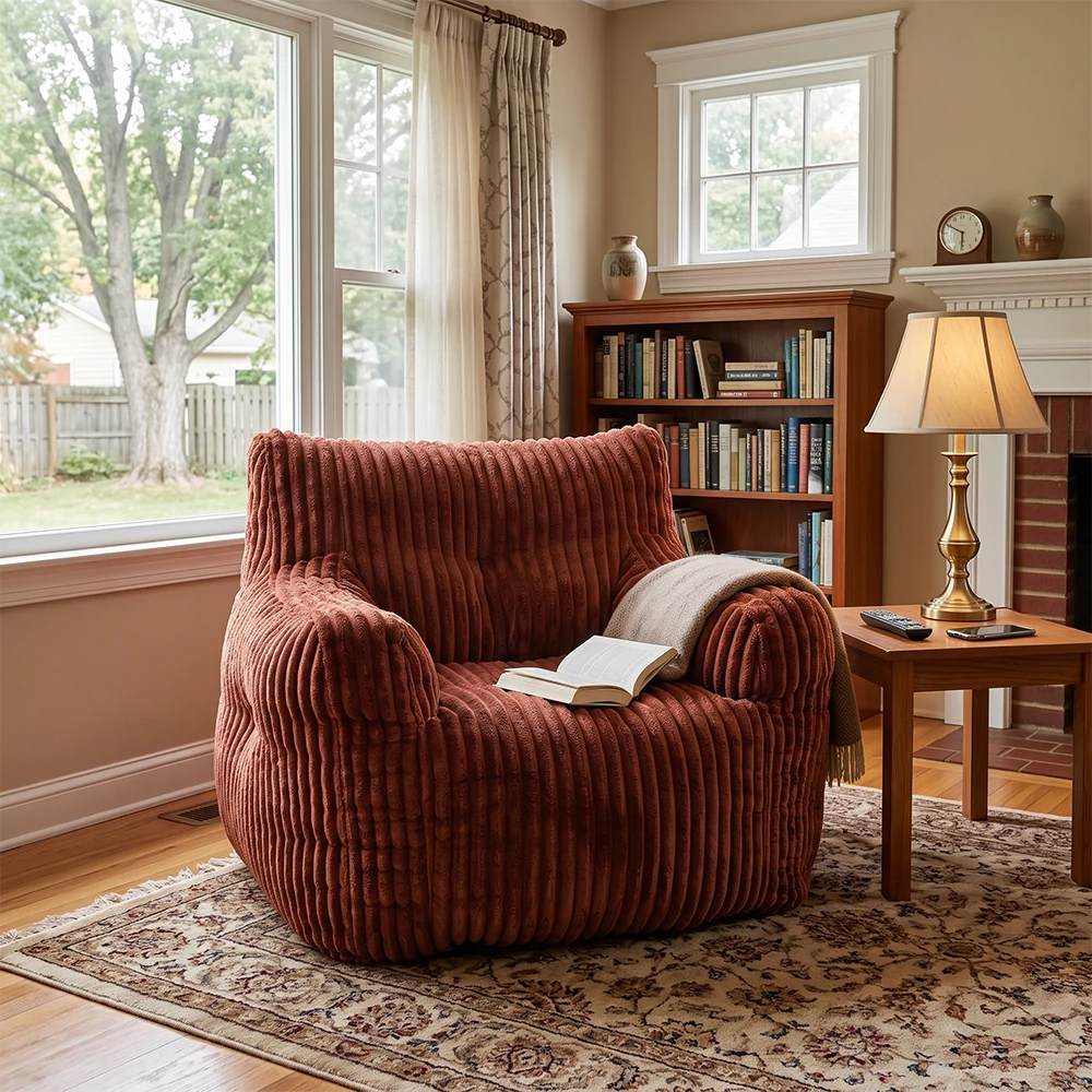 red ribbed corduroy lounge chair