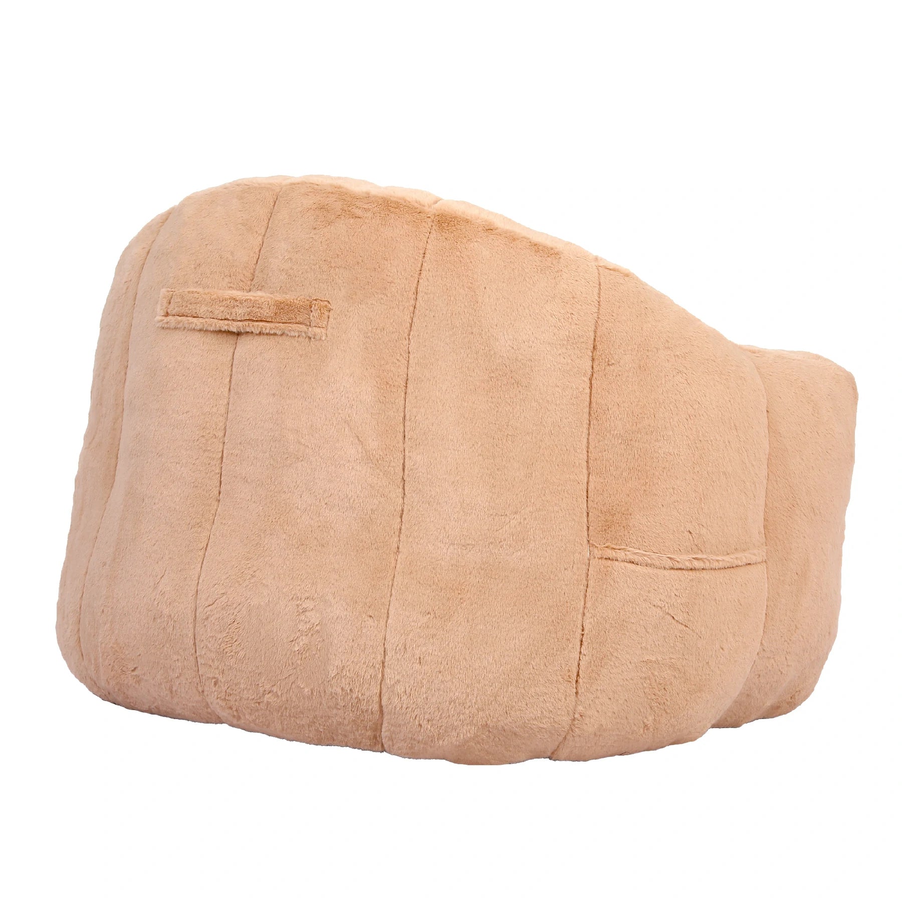 side view Fluffy brown plush bean bag chair.