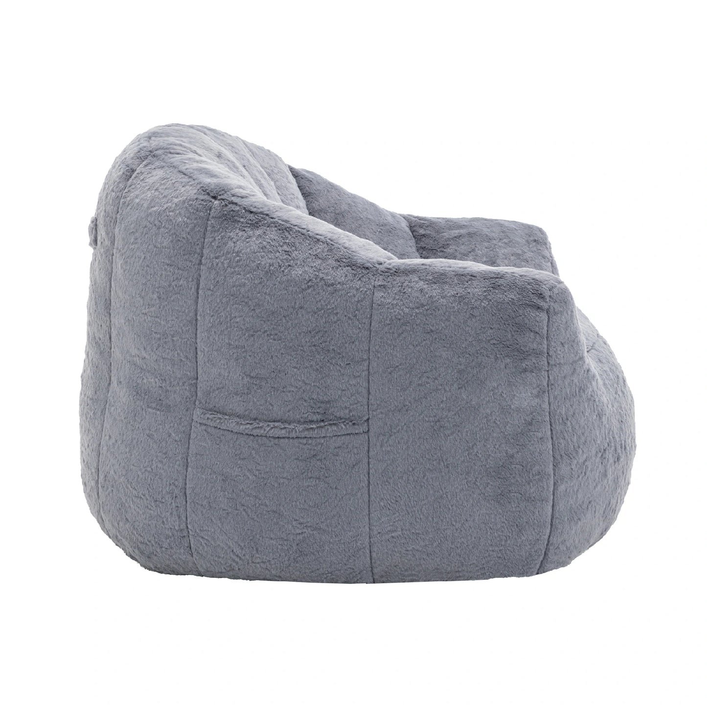 side view Fluffy gray plush bean bag chair