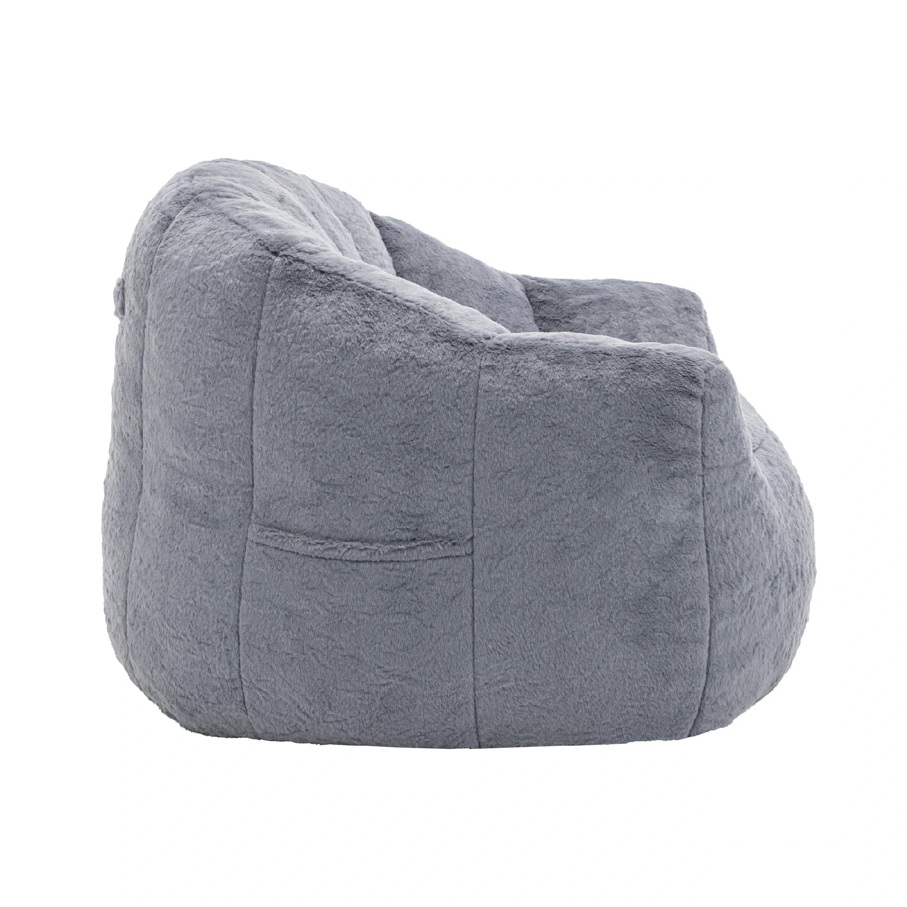 side view Fluffy gray plush bean bag chair
