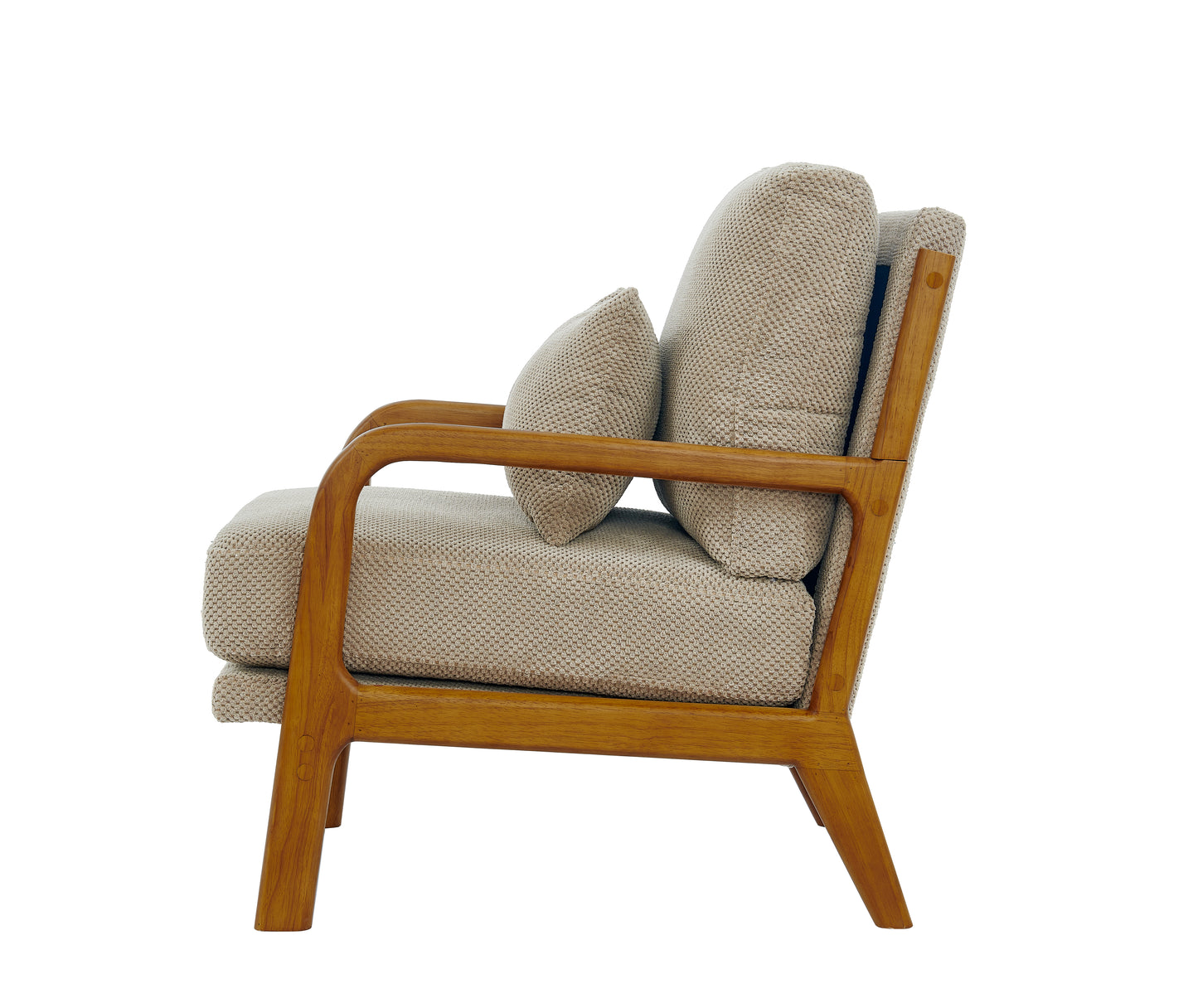side view camel mid-century modern accent chair with solid wood frame