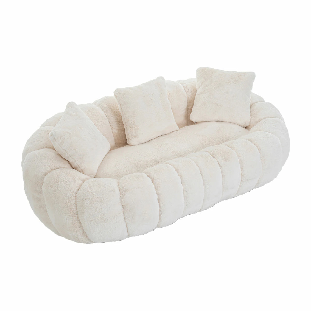 side view of beige faux fur sofa