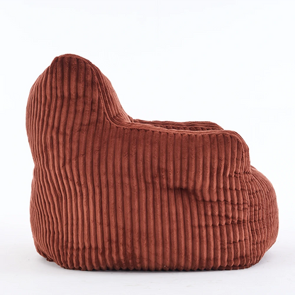 side view red ribbed corduroy lounge chair