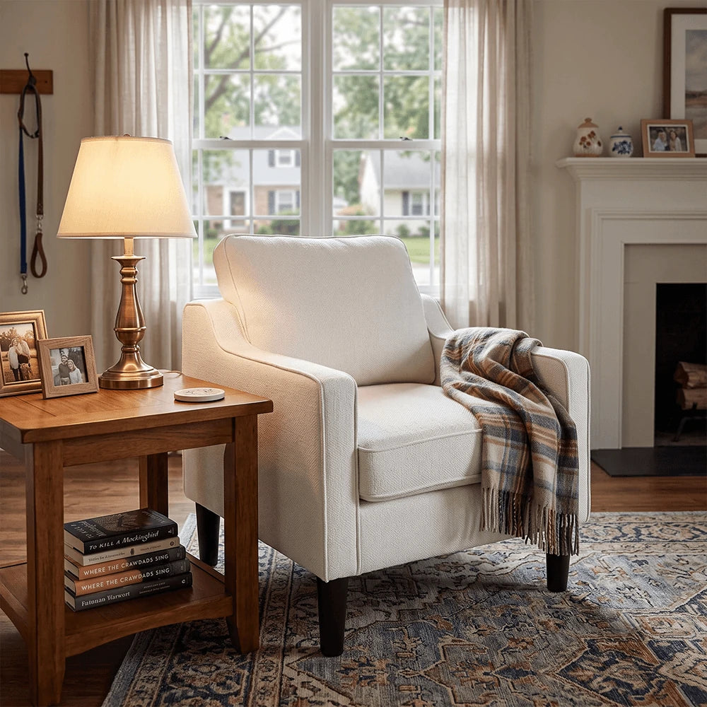 white chenille armchair for modern living room